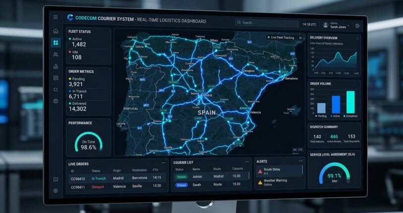 CodeCom Courier System central dispatch dashboard showing live fleet tracking and order management